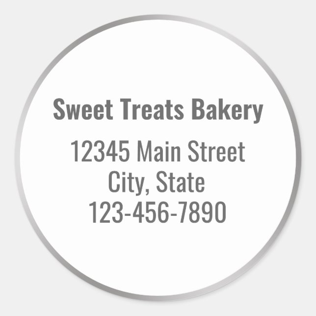 Bakery Business Name Silver White Address Phone No Classic Round Sticker (Front)