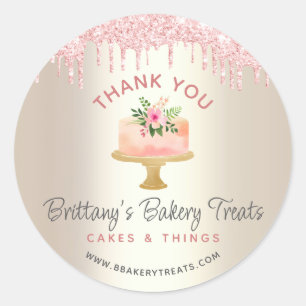 Bakery Cake Blush Pink Glitter Drip Gold Thank You Classic Round Sticker