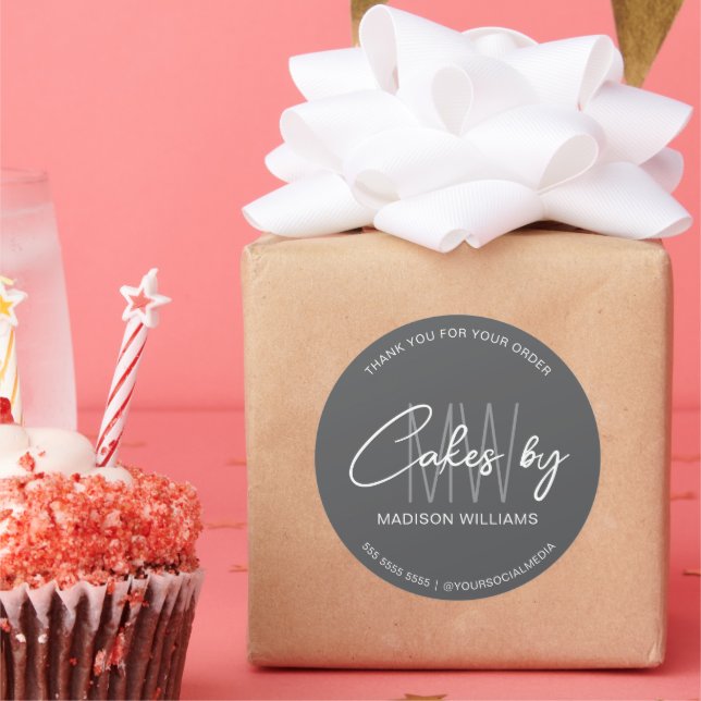 Bakery Cake Custom Monogram Logo Grey Classic Round Sticker (Party)