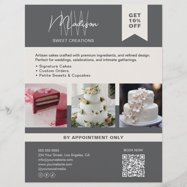 Bakery Cake Custom Monogram Logo Grey Flyer (Front)