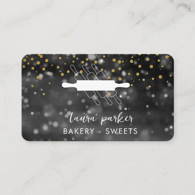 Bakery Chef  Rolling Pin Black White Handmade Business Card (Front)