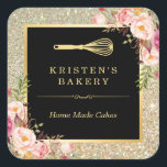 Bakery Chef Whisk Logo | Floral Gold Glitter Square Sticker<br><div class="desc">Bakery Chef Whisk Logo | Floral Gold Glitter Bakery Sticker.
(1) For further customization,  please click the "customize further" link and use our design tool to modify this template. 
(2) If you need help or matching items,  please contact me.</div>