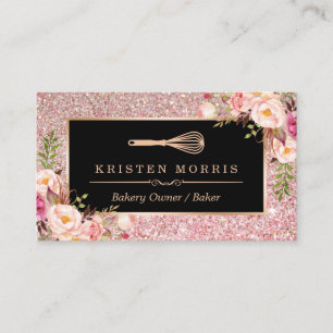 Bakery Chef Whisk Logo   Floral Rose Gold Glitter Business Card