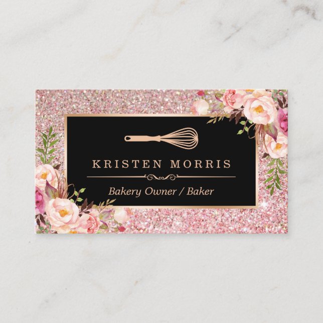 Bakery Chef Whisk Logo | Floral Rose Gold Glitter Business Card (Front)