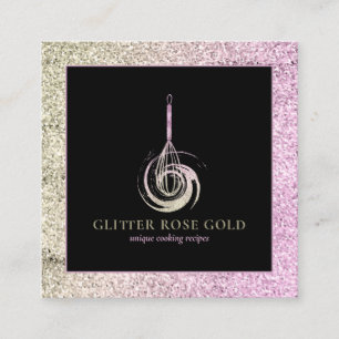 Bakery Chef Whisk Logo Rose Gold Glitter Square Business Card