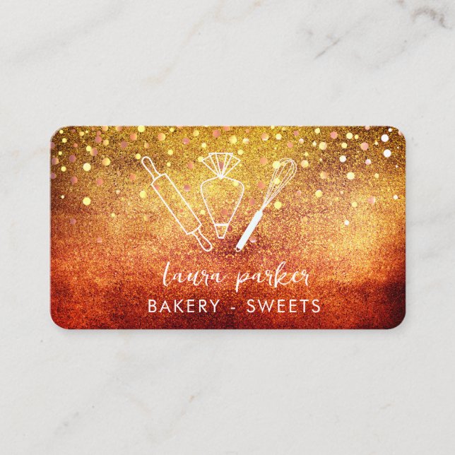 Bakery Chef with Whisk Rolling Pin Piping Bag Gold Business Card (Front)