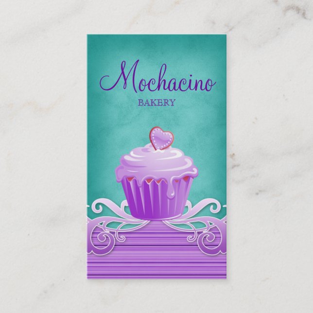 Bakery Cupcake Business Card purple swirls blue (Front)