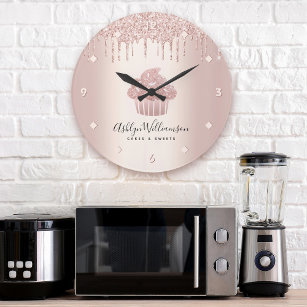 Bakery Cupcake Pastry Chef Rose Gold Glitter Drips Large Clock