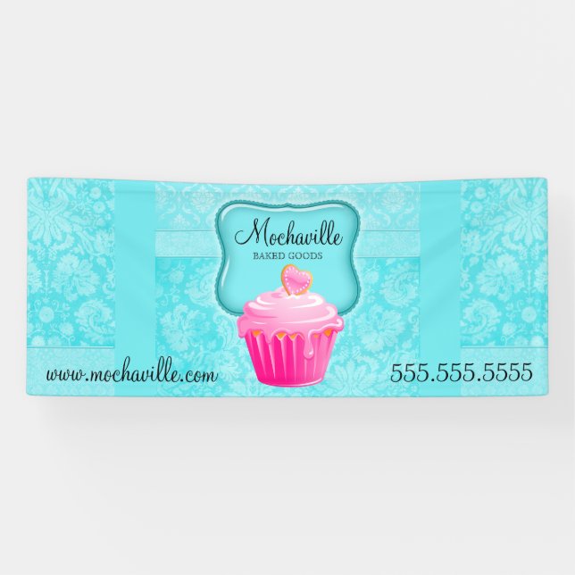 Bakery Cupcake Vintage Damask Aqua  Banner (Horizontal)