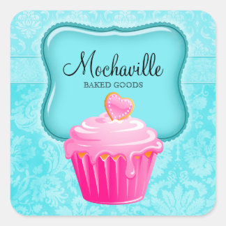 Bakery Cupcake Vintage Damask Aqua Square Sticker