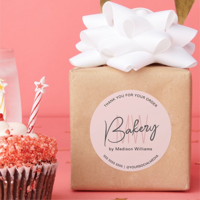 Bakery Custom Monogram Logo Pink Classic Round Sticker (Party)