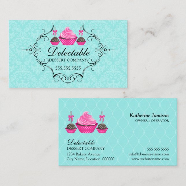 Bakery Damask Aqua Pink Business Card (Front/Back)
