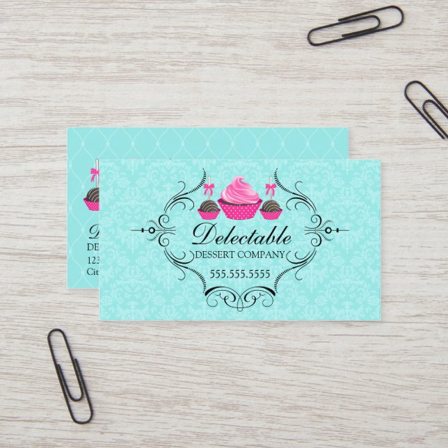 Bakery Damask Aqua Pink Business Card (Front/Back In Situ)