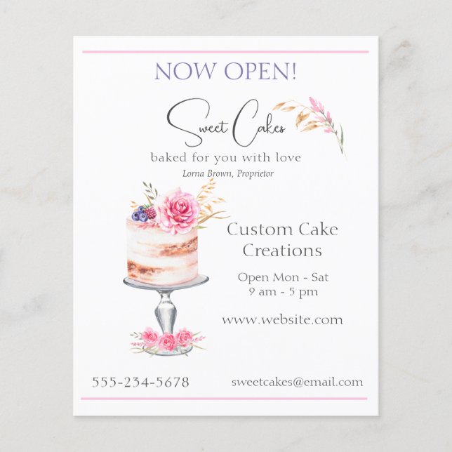 Bakery Elegant Pink Cake Watercolor Flyer (Front)