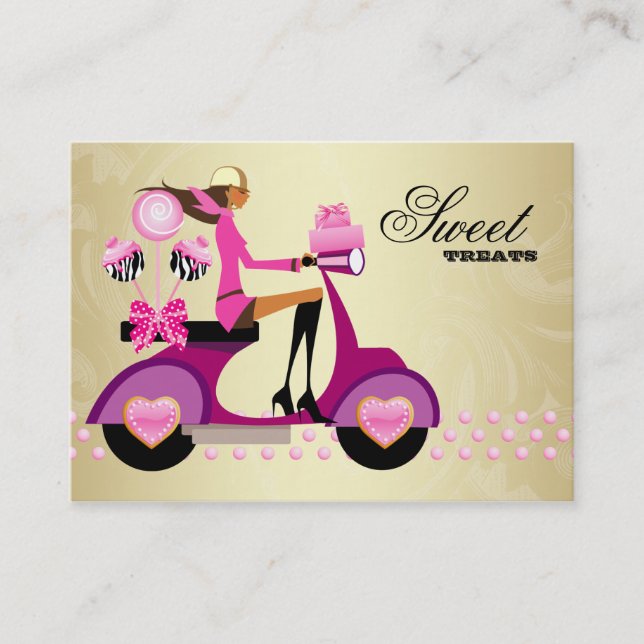 Bakery Gift Box Scooter Girl Pink Gold Cake Pops C Business Card (Front)