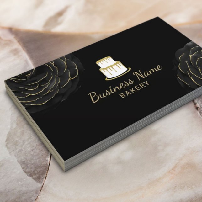 Bakery Gold Cake Logo Elegant Black Floral Chef Business Card (Creator Uploaded)