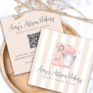 Bakery Kitchen Pink Mixer Beige Stripes QR Code Square Business Card