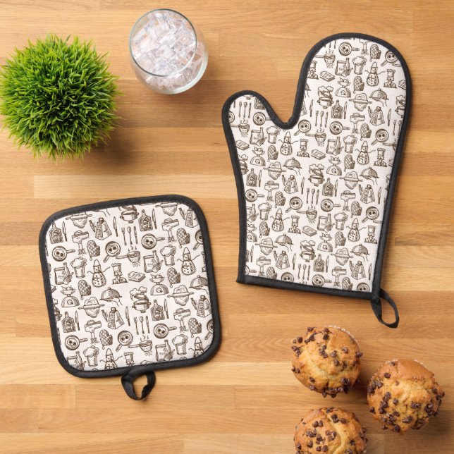 Bakery Kitchen Symbols Pattern Black and White Oven Mitt & Pot Holder Set (Top Down)