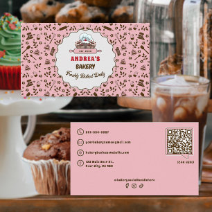 Bakery Logo & QR Code Cute Pastel Pink Custom Business Card