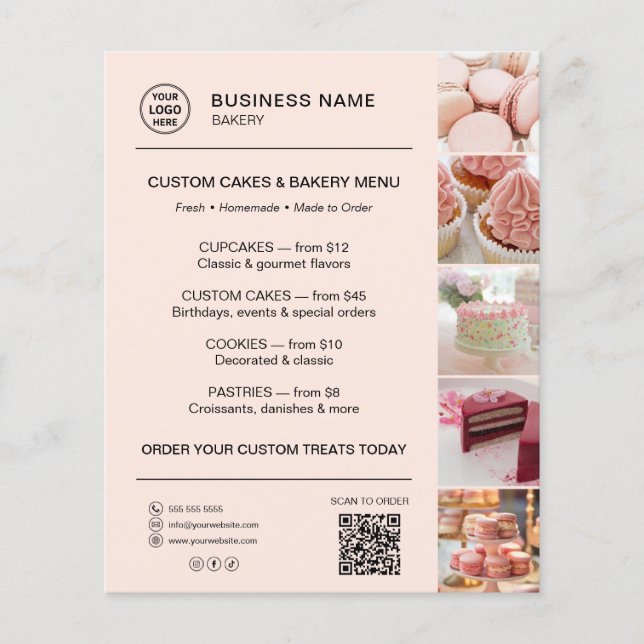 Bakery Menu Custom Logo QR Code Peach (Front)