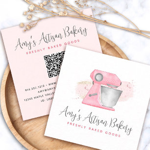 Bakery Mixer Blush Pink QR Code Pastry Chef Simple Square Business Card