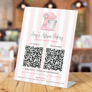 Bakery Mixer Blush Pink Stripes 2 QR Code Pay Here Pedestal Sign