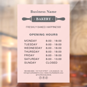 Bakery Opening Hours Rolling Pin Pink Window Cling