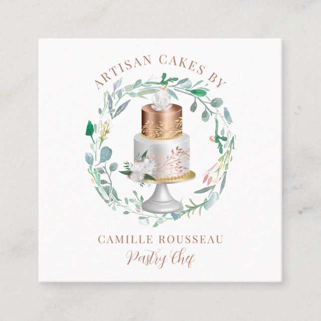 Bakery Pastry Chef Baker Rose Gold Cake Square Business Card (Front)