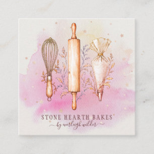 Bakery Pastry Chef Baker Utensils Pink Square Business Card