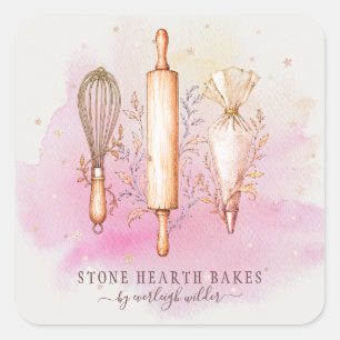 Bakery Pastry Chef Baker Utensils Pink Square Sticker