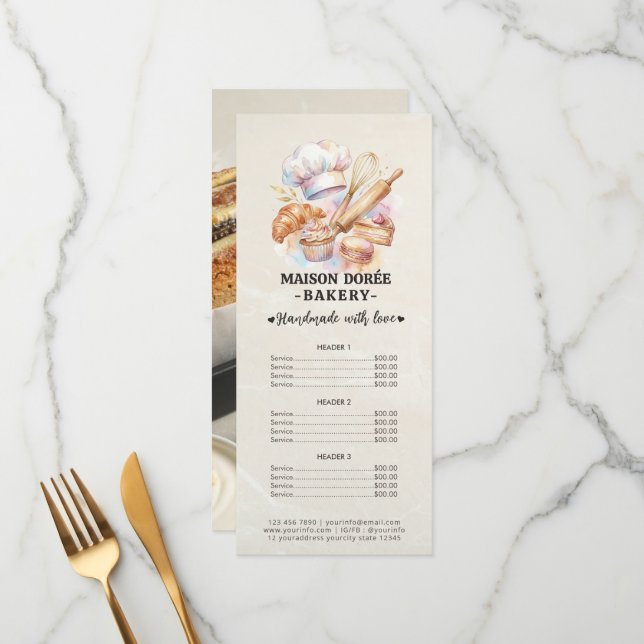 Bakery Pastry Chef Baking Catering Gold Price List Menu (Front/Back In Situ)