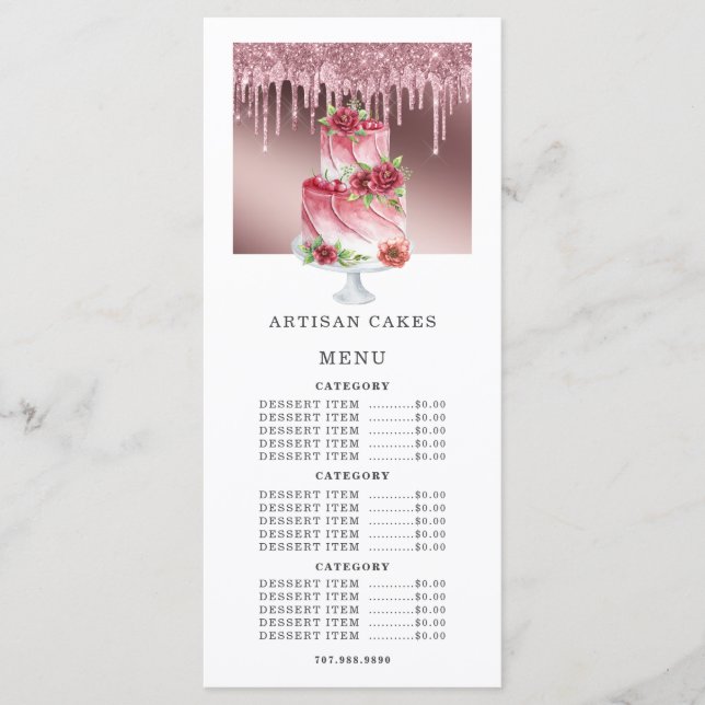 Bakery Pastry Chef Cake Rose Gold Glitter Drips Menu (Front)