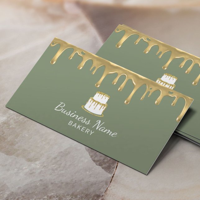 Bakery Pastry Chef Gold Drip Cake Sage Green Business Card (Creator Uploaded)