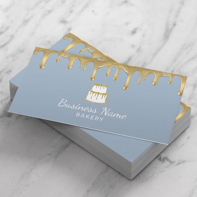 Bakery Pastry Chef Gold Drips Cake Dusty Blue Business Card (Creator Uploaded)