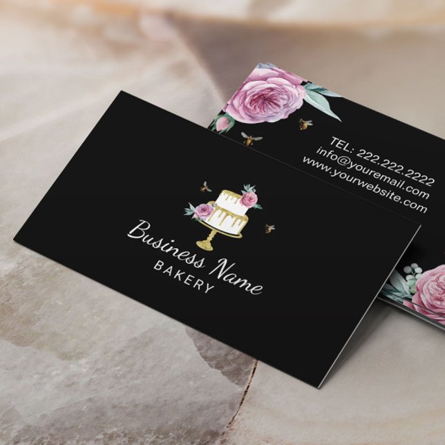 Bakery Pastry Chef Modern Flower & Bees Cake Business Card (Creator Uploaded)