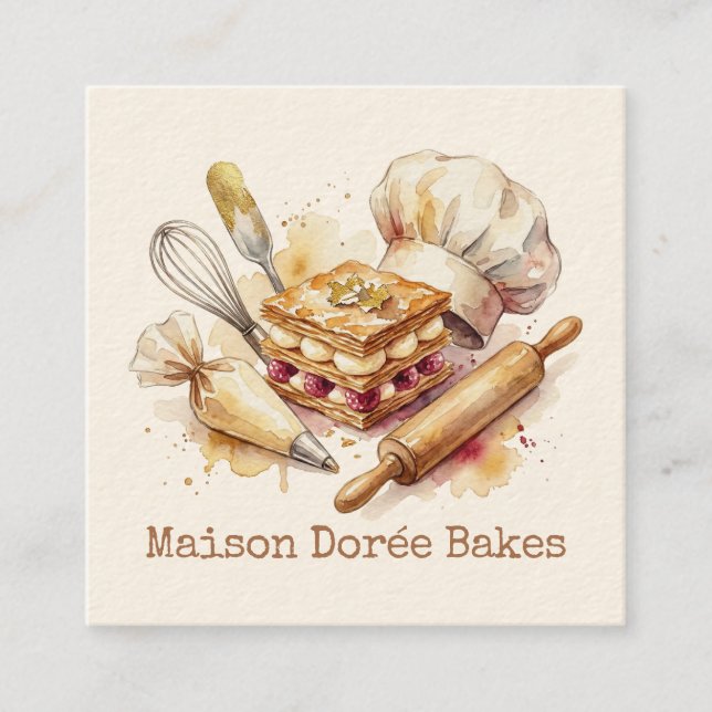 Bakery Pastry Chef Modern Gold Baking Utensils Square Business Card (Front)