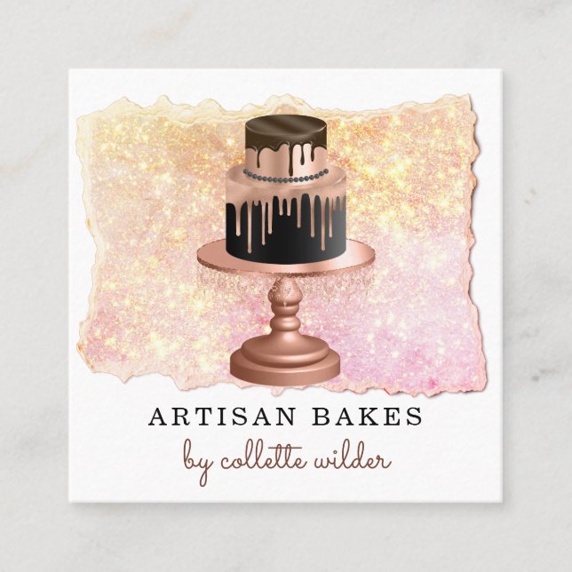 Bakery Pastry Chef Rose Gold Drips Sparkle Square  Square Business Card (Front)