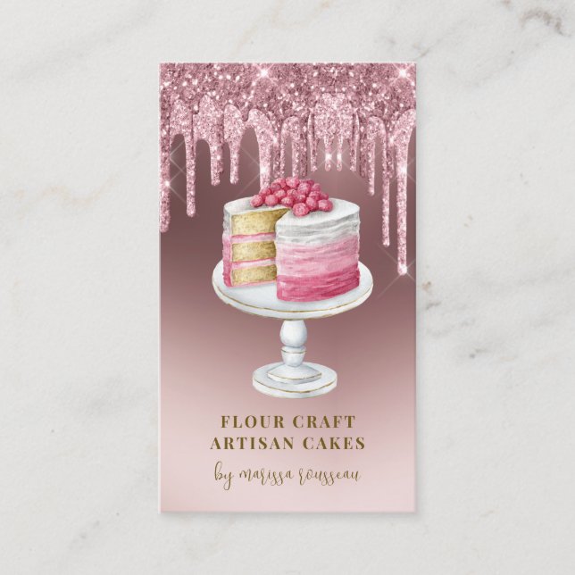 Bakery Pastry Chef Rose Gold Glitter Drips Business Card (Front)