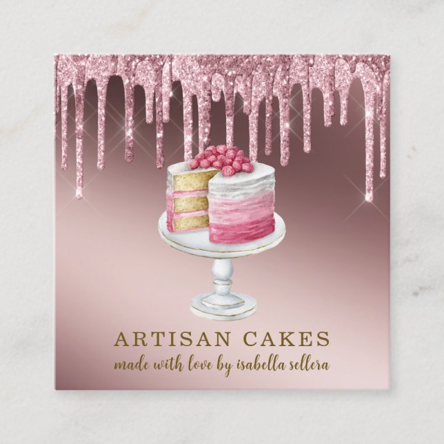 Bakery Pastry Chef Rose Gold Glitter Drips  Square Business Card (Front)