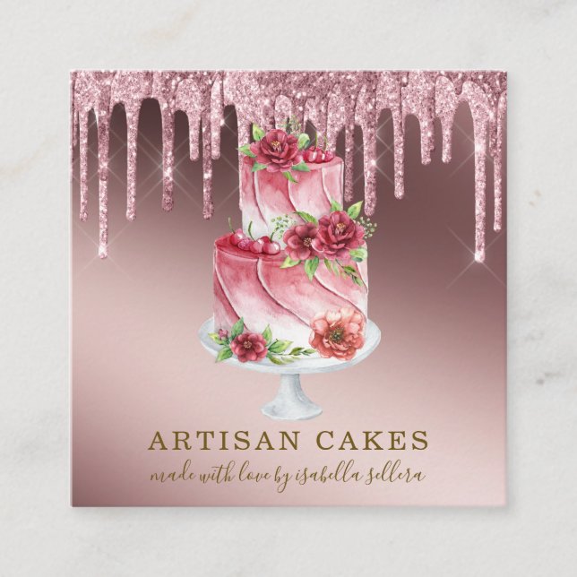 Bakery Pastry Chef Rose Gold Glitter Drips Square Business Card (Front)