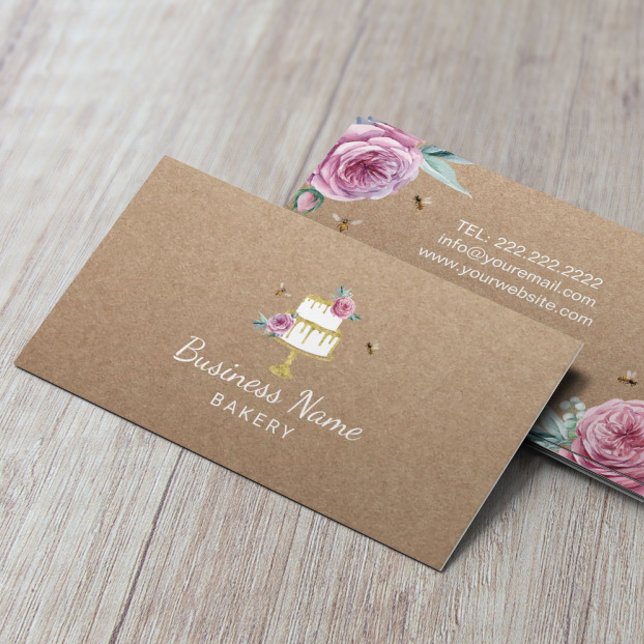 Bakery Pastry Chef Rustic Flower & Bees Cake Kraft Business Card (Creator Uploaded)