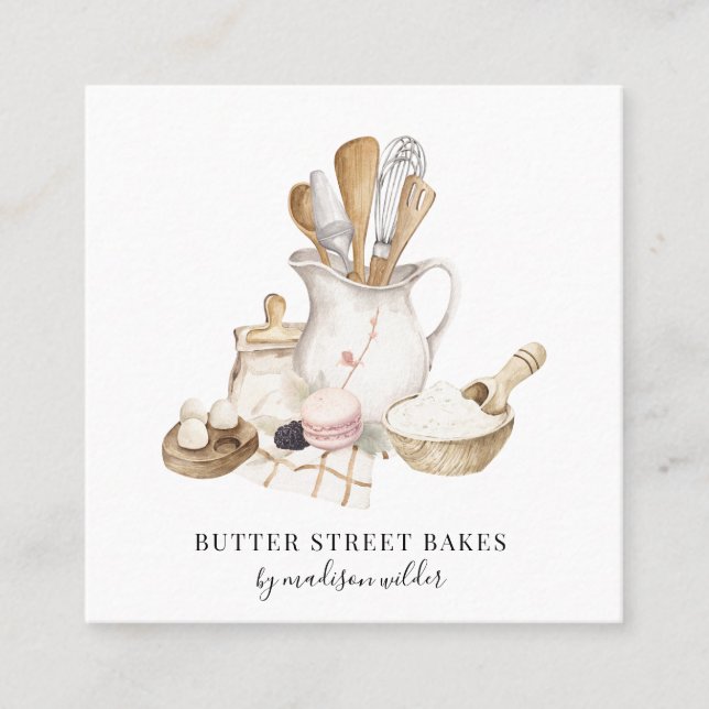 Bakery Pastry Chef  Watercolor Bakers Tools Square Business Card (Front)