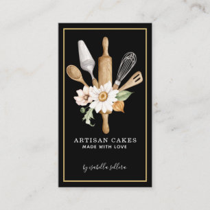 Bakery Pastry Chef Watercolor Baking Tools Black Business Card