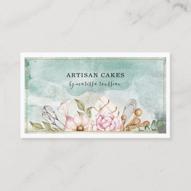 Bakery Pastry Chef Watercolor Baking Tools  Business Card (Front)