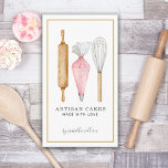 Bakery Pastry Chef Watercolor Baking Utensils Business Card<br><div class="desc">This whimsical cute watercolor cake bakery pastry chef business card features a baker's tools; rolling pin, piping bag and whisk. Simple tools of the trade! Your name signature in script typography and the name of your business, with the tagline: made with love. To see the full collection of this design...</div>