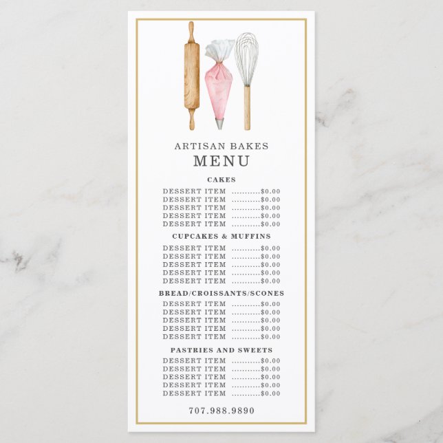 Bakery Pastry Chef Watercolor Baking Utensils Menu (Front)