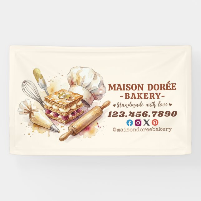 Bakery Pastry Chef Watercolor Gold Baking Catering Banner (Horizontal)