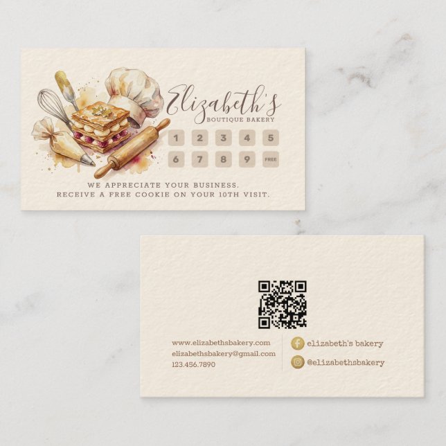 Bakery Pastry Chef Watercolor Gold Baking Catering Loyalty Card (Front/Back)