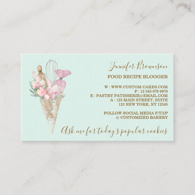 Bakery Pastry Flowers Boho Creative chef green Business Card (Front)