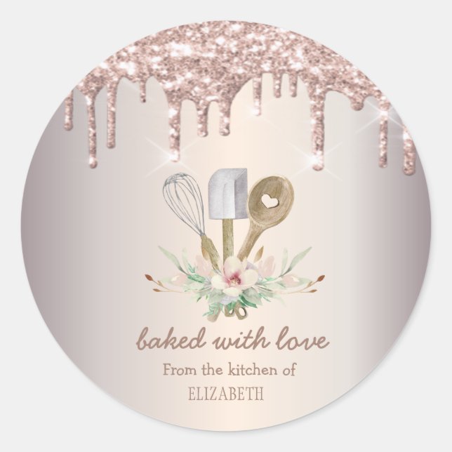 Bakery Pastry Hand Tools Rose Gold Glitter Drips Classic Round Sticker (Front)